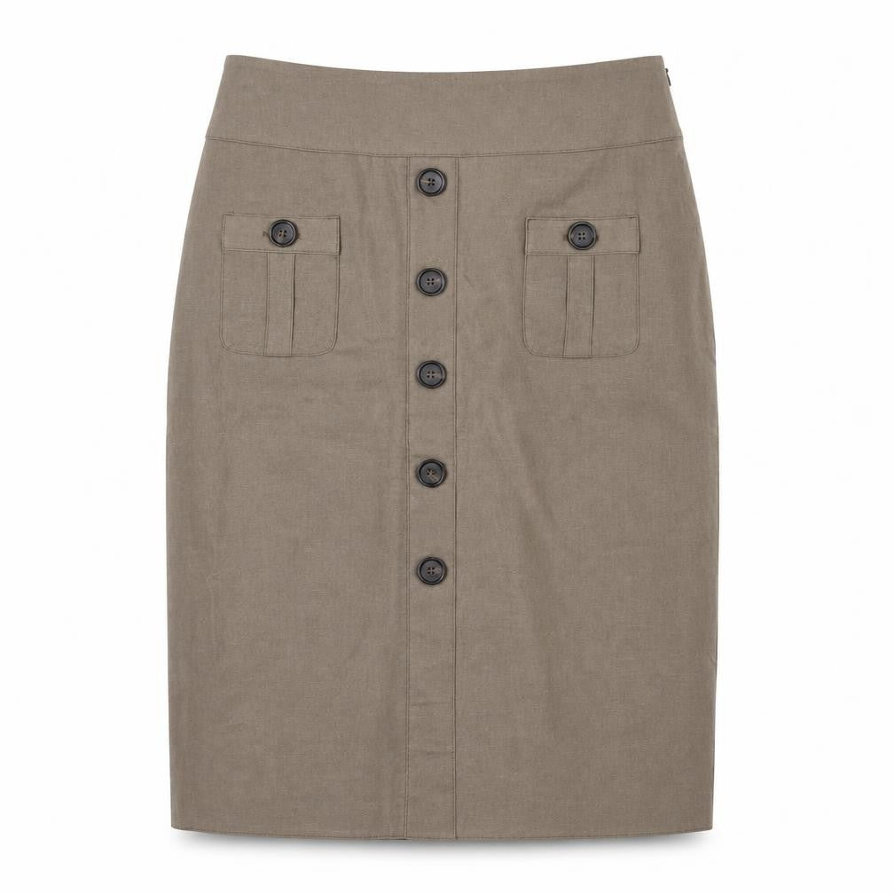 Front view of Rosetti Women Brown Linen Blend Button Front Pencil Skirt, size 10