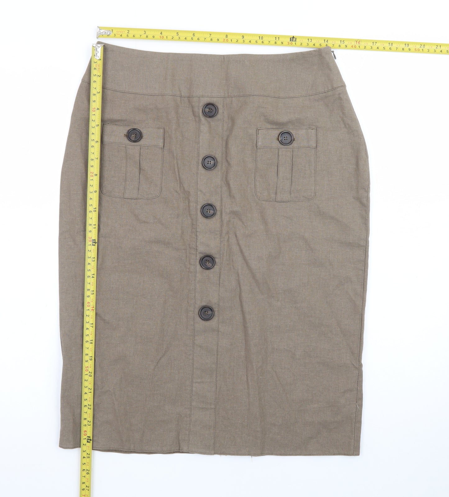Rosetti Women Brown Linen Blend Button Front Pencil Skirt Size 10