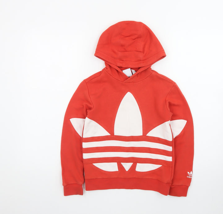 adidas Boys Red Pullover Hoodie 8-9 Years Graphic Logo Cotton Blend