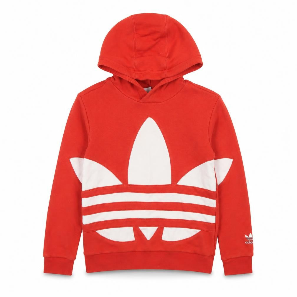 Front view of adidas boys’ red pullover hoodie 8-9 years graphic logo cotton blend