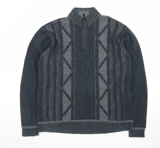 Point Zero Men's Blue XL Cotton 1/4 Zip High Neck Jumper