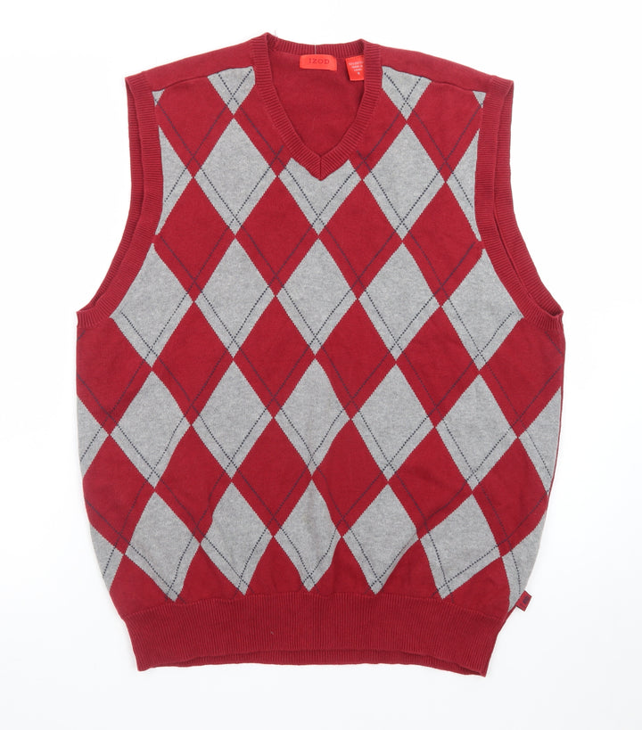 IZOD Men's Red Argyle Cotton Sleeveless V-Neck Golf Vest M