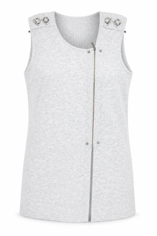 Front view of FOIL Women Grey Knit Sleeveless Zip Shift Dress, size S