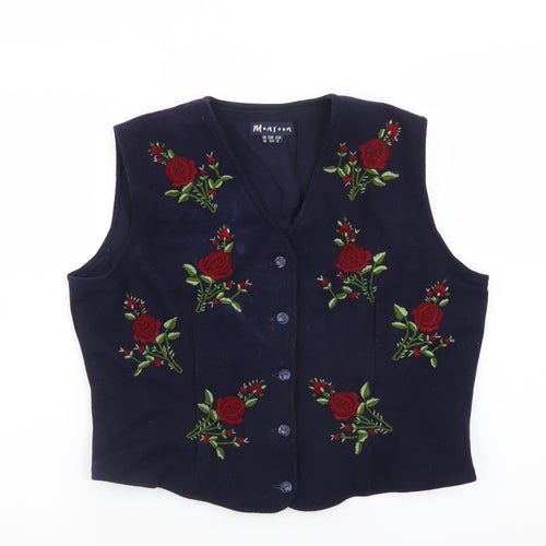 Monsoon Women Blue Embroidered Velvet Floral Vest Size 16