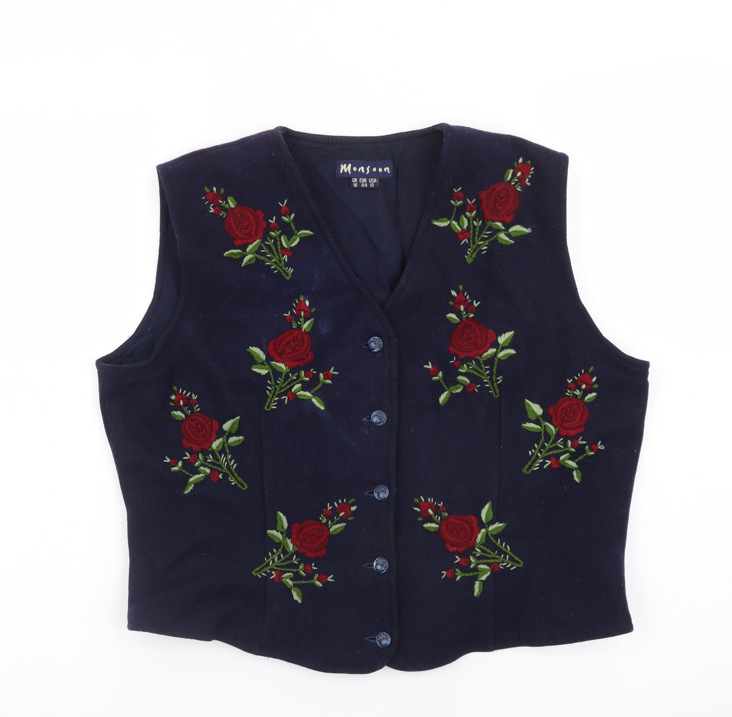 Monsoon Women Blue Embroidered Velvet Floral Vest Size 16