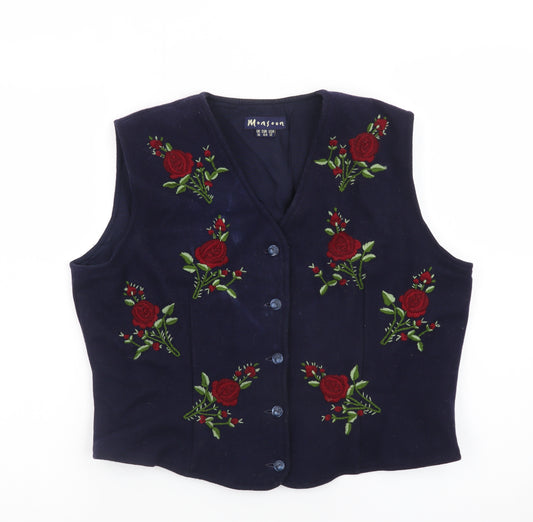 Monsoon Women Blue Embroidered Velvet Floral Vest Size 16