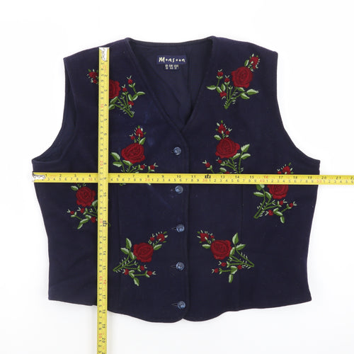 Monsoon Women Blue Embroidered Velvet Floral Vest Size 16