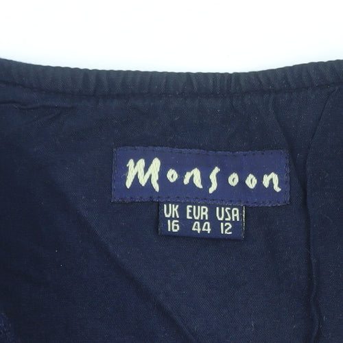Monsoon Women Blue Embroidered Velvet Floral Vest Size 16