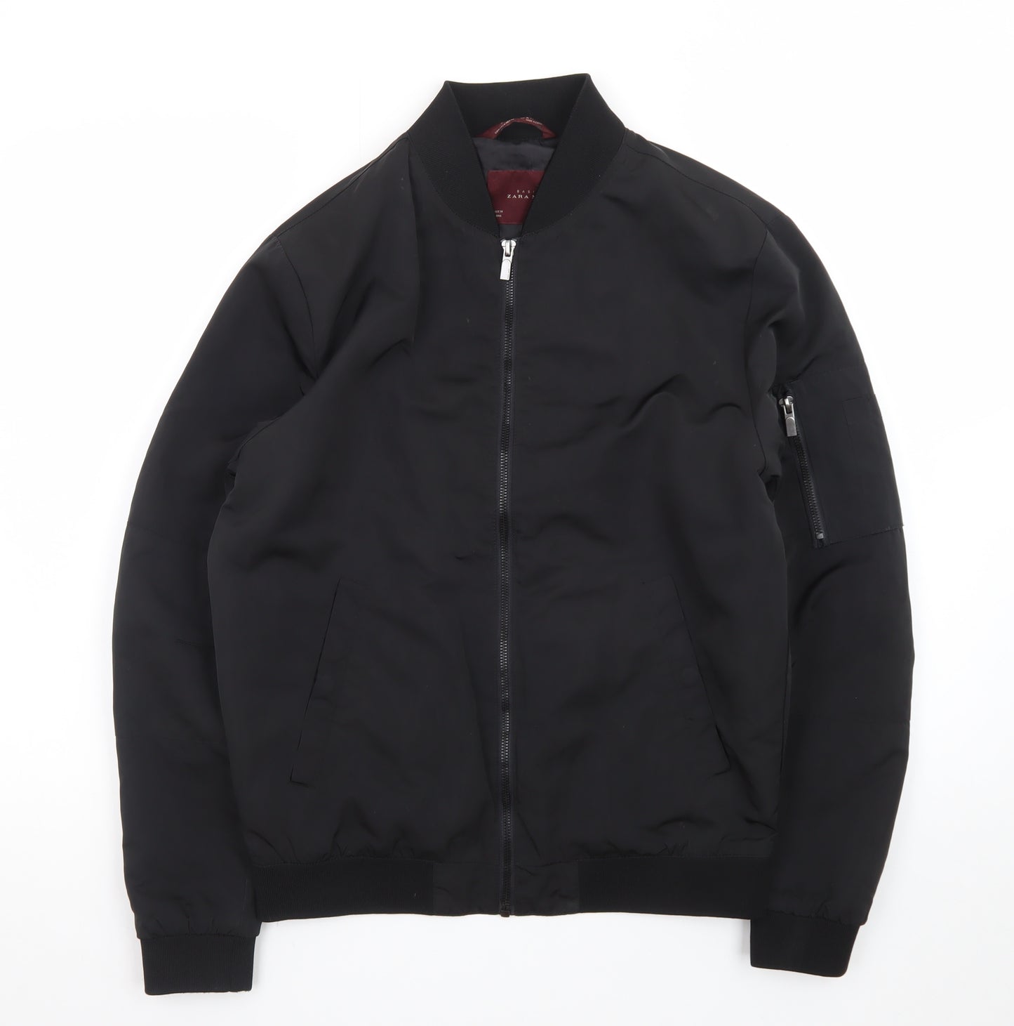 Zara Man Black Bomber Jacket Men's M Regular Fit Polyester Zip-Up