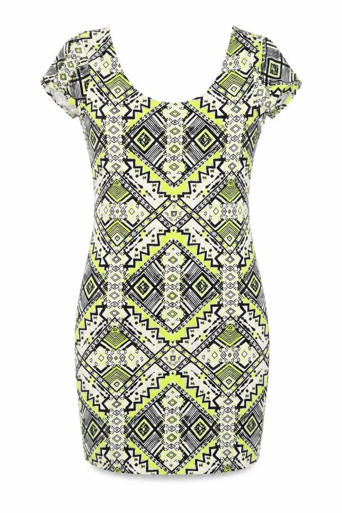 Front view of New Look women’s multicoloured, size UK 12, geometric bodycon dress