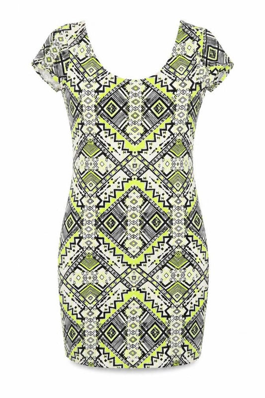 Front view of New Look women’s multicoloured, size UK 12, geometric bodycon dress