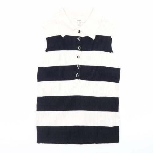 Marks and Spencer Women's Black and White Striped Sleeveless Collared Button-Up Top Size 14