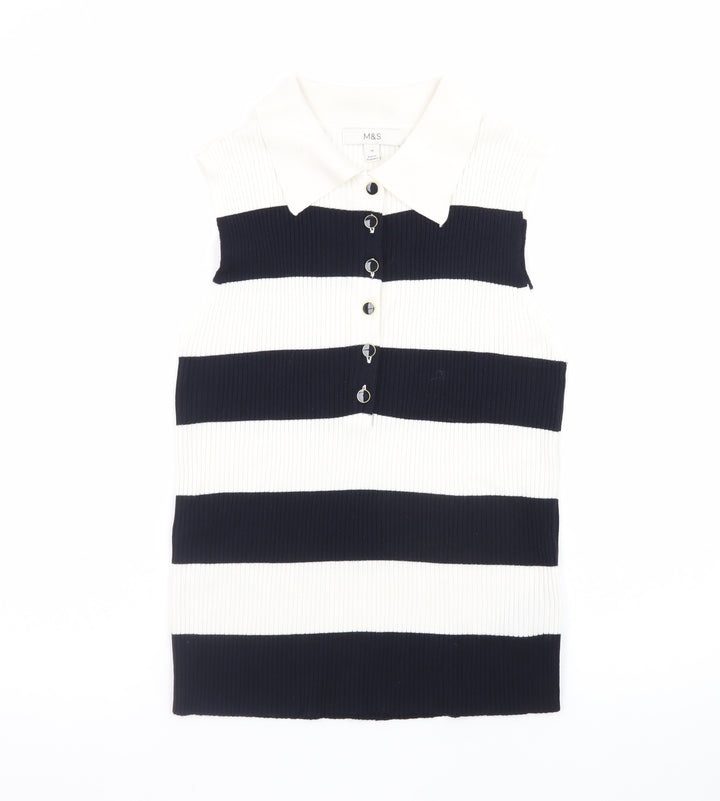 Marks and Spencer Women's Black and White Striped Sleeveless Collared Button-Up Top Size 14