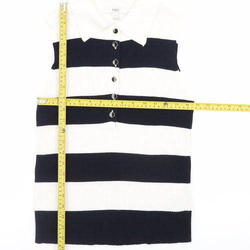 Marks and Spencer Women's Black and White Striped Sleeveless Collared Button-Up Top Size 14