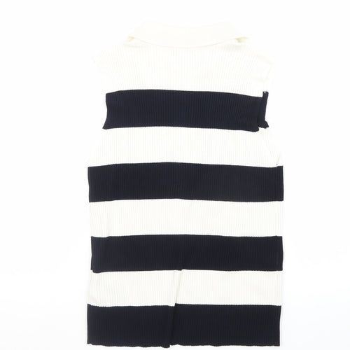 Marks and Spencer Women's Black and White Striped Sleeveless Collared Button-Up Top Size 14