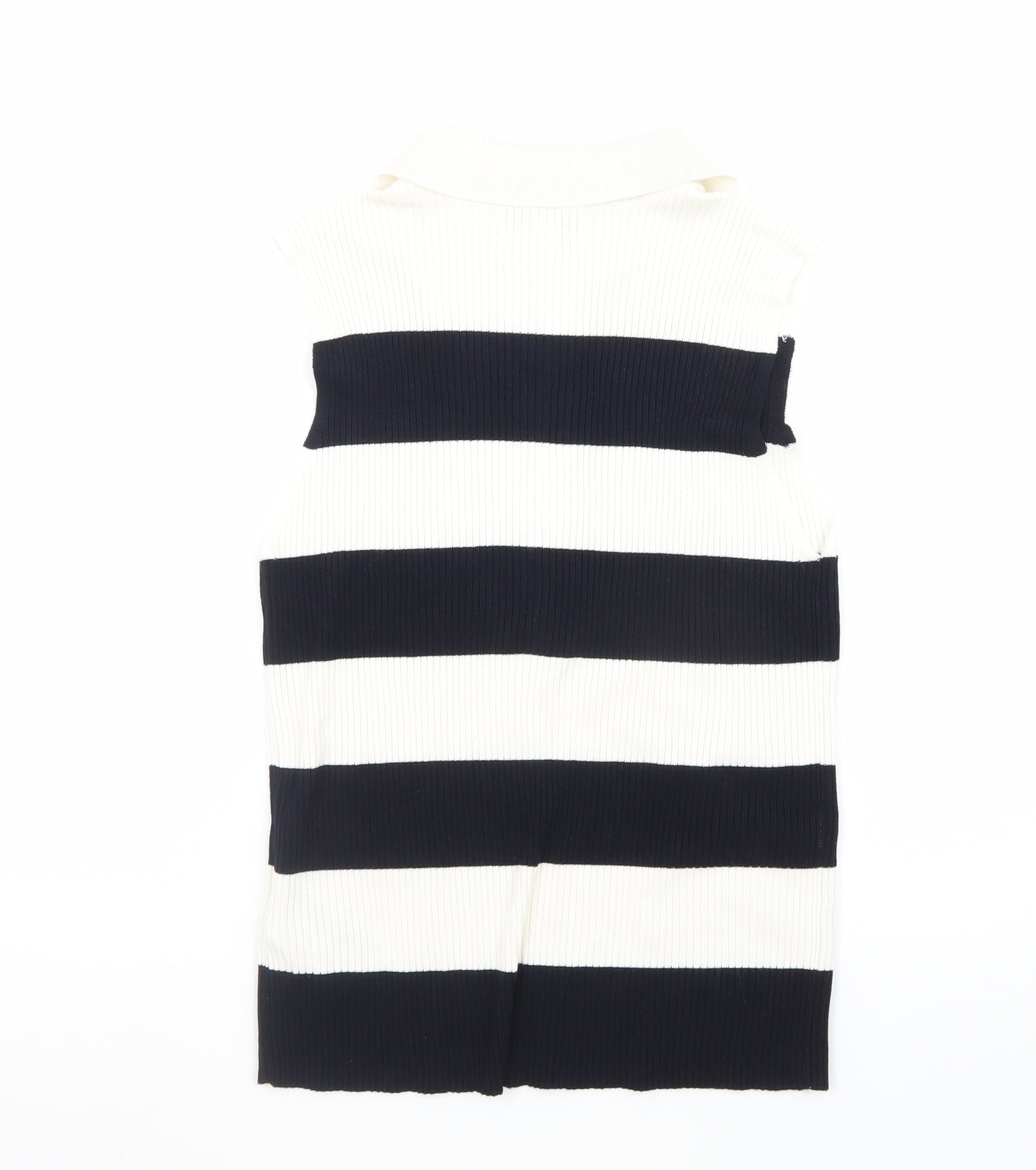 Marks and Spencer Women's Black and White Striped Sleeveless Collared Button-Up Top Size 14