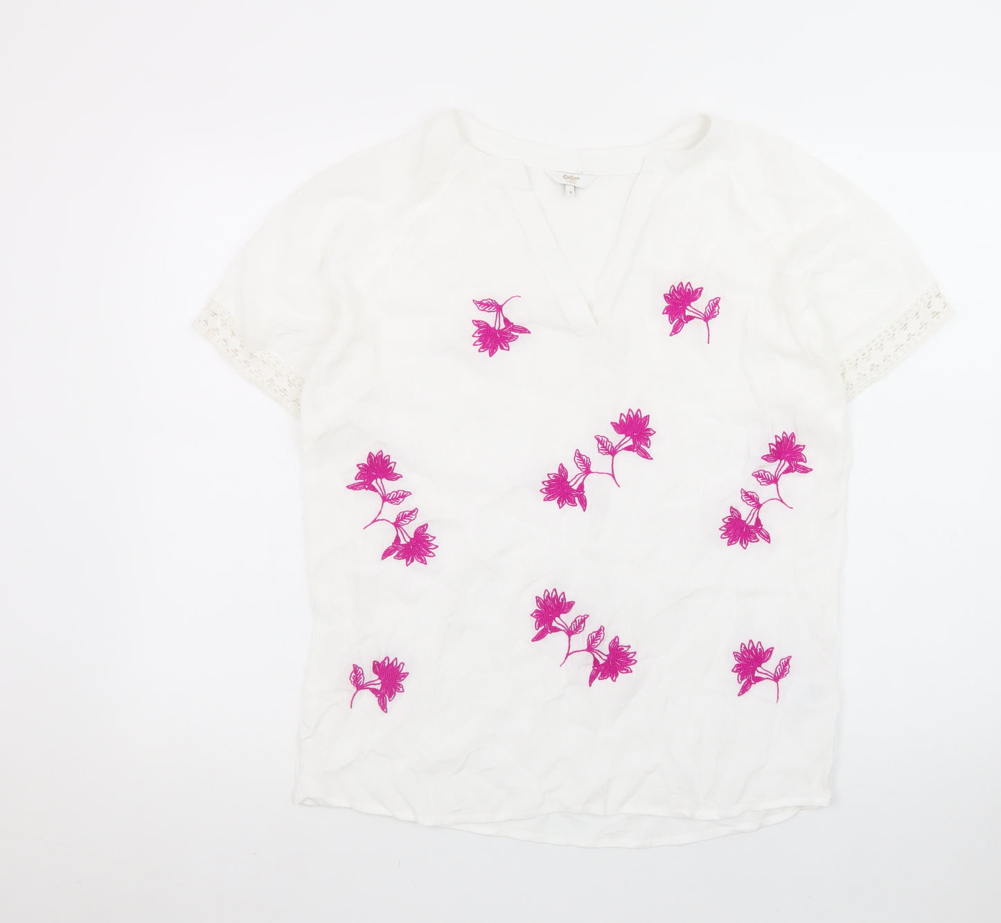 Cotton Traders Womens White Embroidered Floral Tunic Blouse Size 8