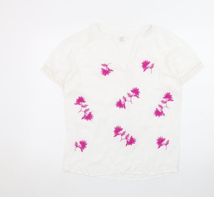 Cotton Traders Womens White Embroidered Floral Tunic Blouse Size 8