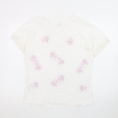Cotton Traders Womens White Embroidered Floral Tunic Blouse Size 8