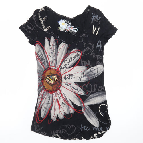 Desigual Womens Black Floral Art T-Shirt M Viscose Short Sleeve
