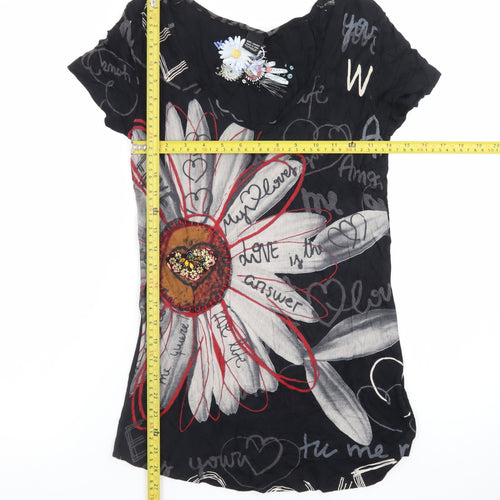 Desigual Womens Black Floral Art T-Shirt M Viscose Short Sleeve