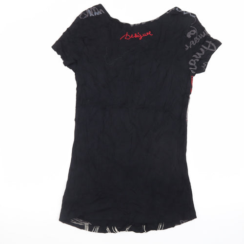 Desigual Womens Black Floral Art T-Shirt M Viscose Short Sleeve