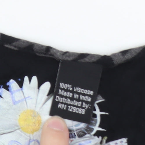 Desigual Womens Black Floral Art T-Shirt M Viscose Short Sleeve