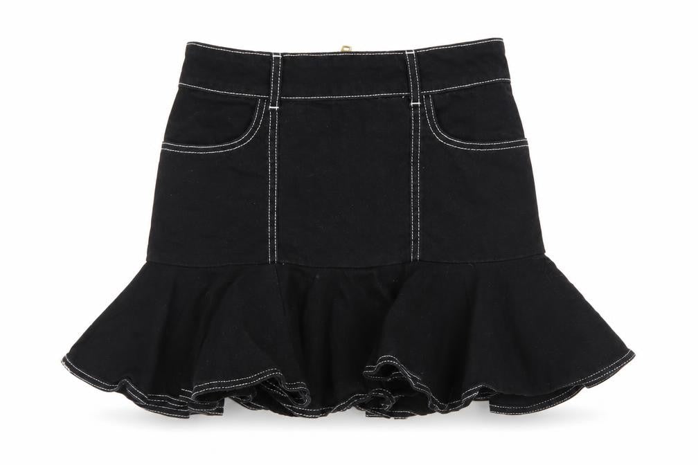 Front view of River Island Women’s Black Flared Short Denim Skirt, size UK 8