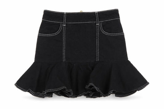 Front view of River Island Women’s Black Flared Short Denim Skirt, size UK 8