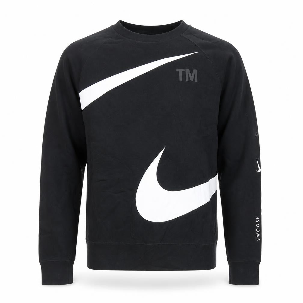 Front view of Nike Men's Black Swoosh Logo Graphic Crew Neck Sweatshirt Small