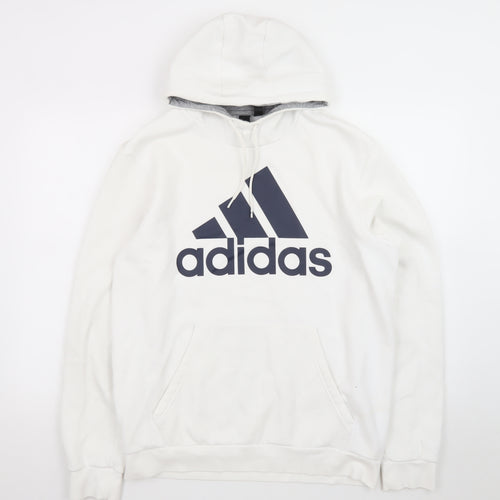 Adidas Mens White Pullover Hoodie L Logo Sports Fleece Sweatshirt