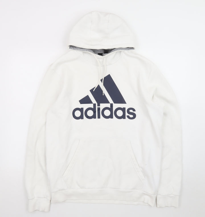 Adidas Mens White Pullover Hoodie L Logo Sports Fleece Sweatshirt
