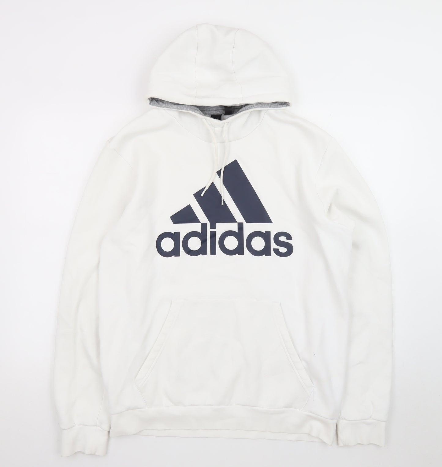 Adidas Mens White Pullover Hoodie L Logo Sports Fleece Sweatshirt