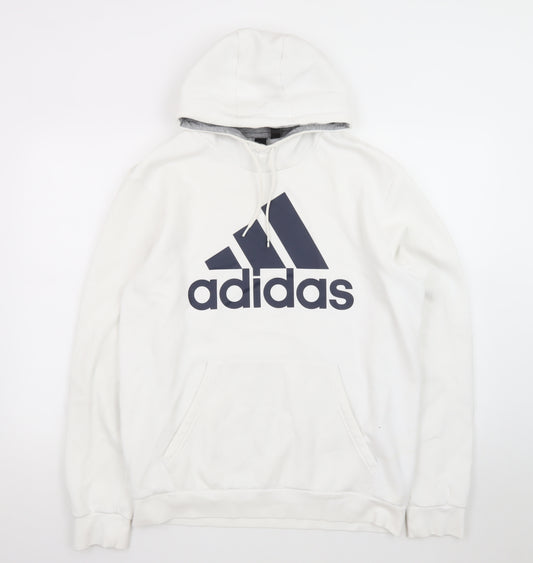 Adidas Mens White Pullover Hoodie L Logo Sports Fleece Sweatshirt