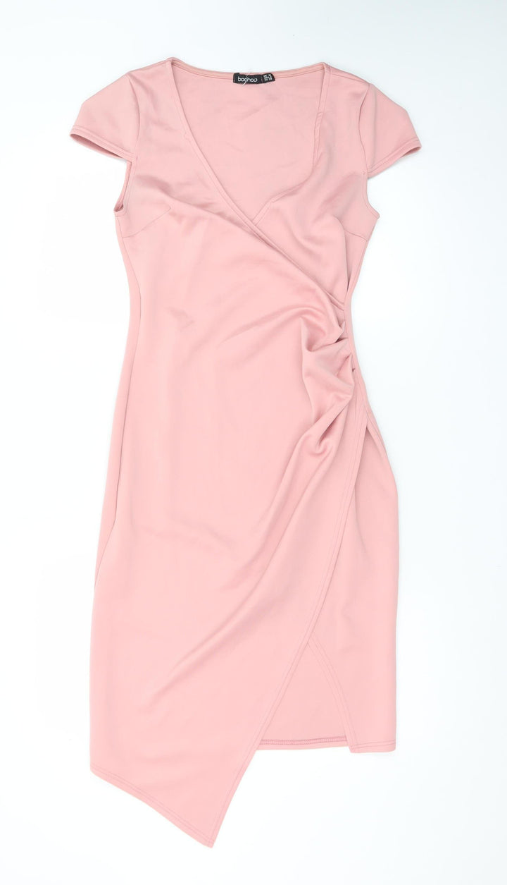 Boohoo Women Pink Size 10 Wrap Dress Short Sleeve Ruched Jersey