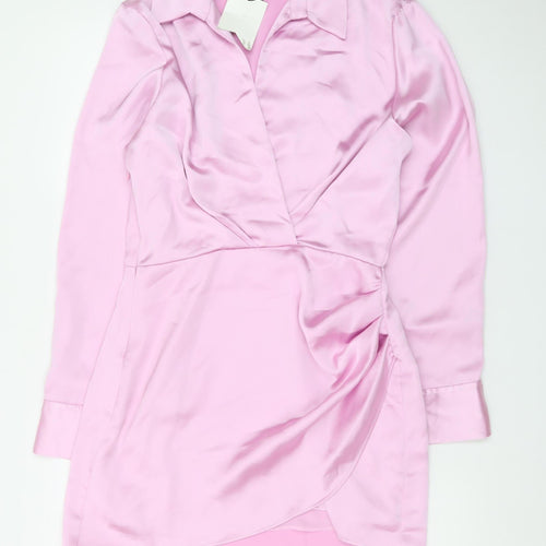 Zara Womens Pink Satin Wrap Mini Dress Size 12 Long Sleeve Party
