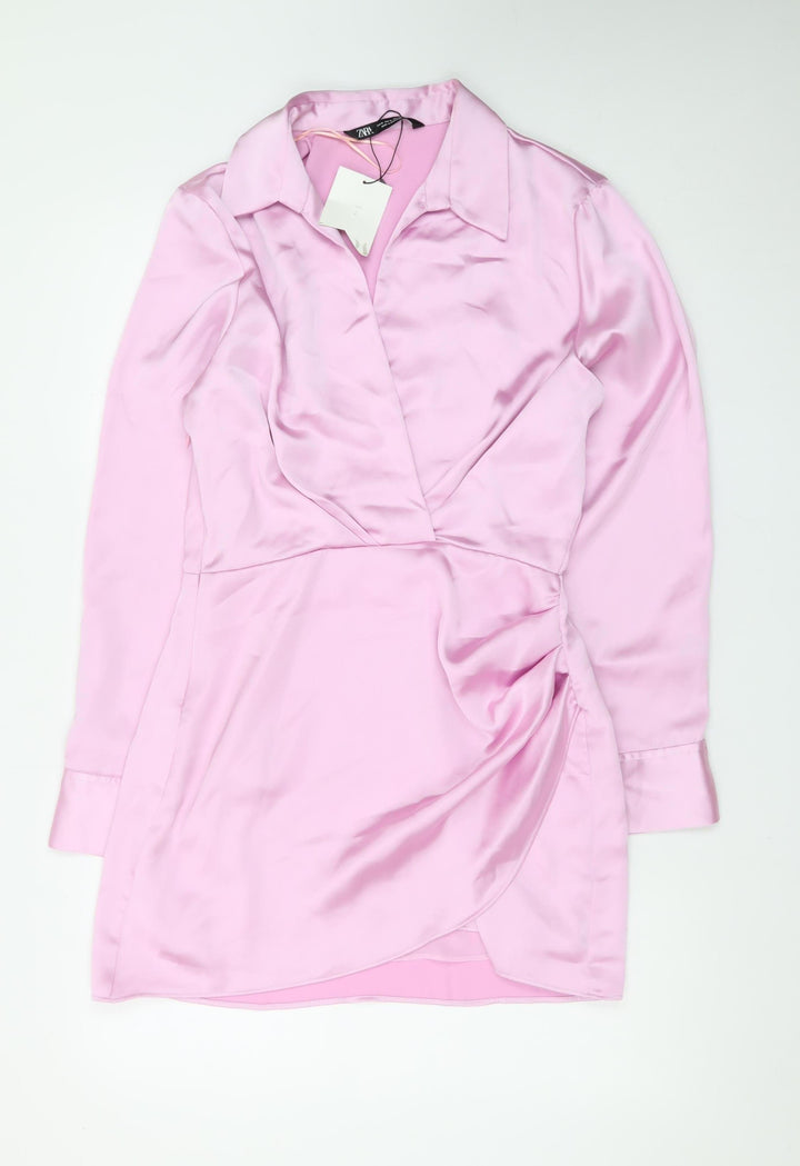 Zara Womens Pink Satin Wrap Mini Dress Size 12 Long Sleeve Party