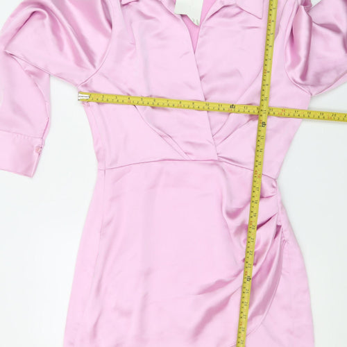 Zara Womens Pink Satin Wrap Mini Dress Size 12 Long Sleeve Party