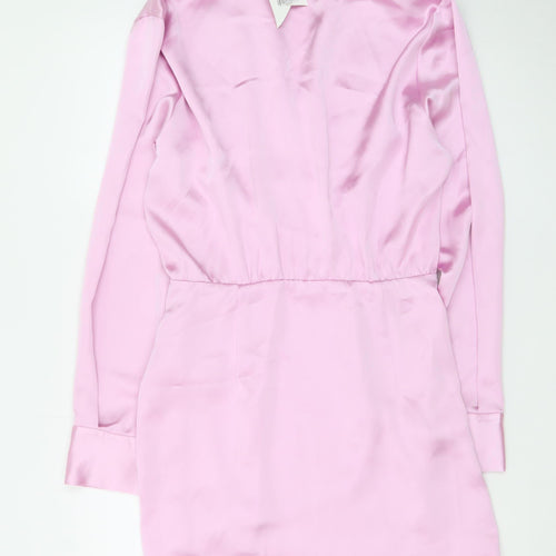 Zara Womens Pink Satin Wrap Mini Dress Size 12 Long Sleeve Party
