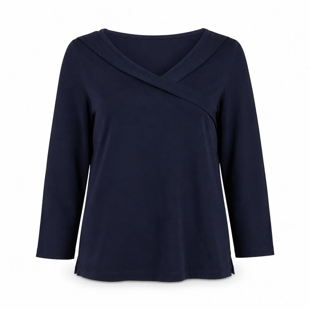 Front view of Marks & Spencer Women’s Navy Blue Wrap Jersey Top, size UK 12