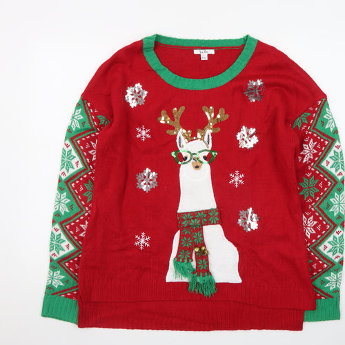 Isela Womens Red Christmas Llama Sequin Knit Pullover Jumper Size L
