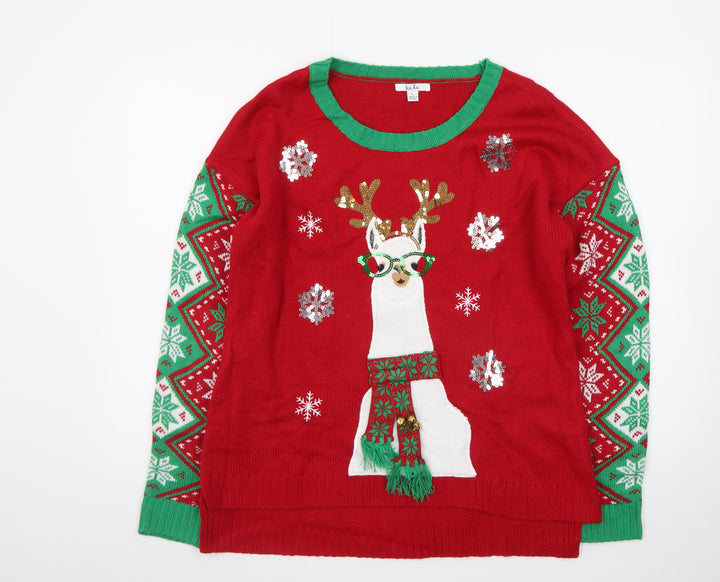 Isela Womens Red Christmas Llama Sequin Knit Pullover Jumper Size L