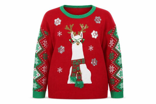 Front view of Isela women’s red christmas llama sequin knit jumper, size L