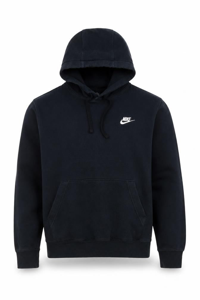 Front view of Nike Men's Black Pullover Hoodie M Regular Fit Logo Fleece Sweatshirt