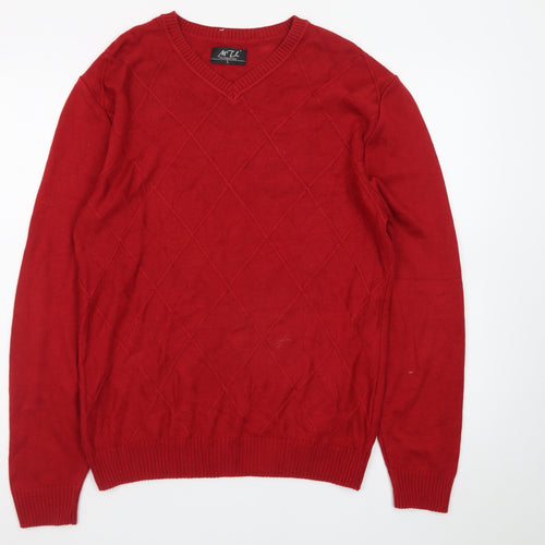 MTL Men's Red V-Neck Argyle Knit Pullover Jumper Size L