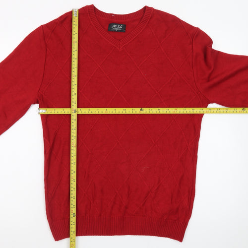 MTL Men's Red V-Neck Argyle Knit Pullover Jumper Size L