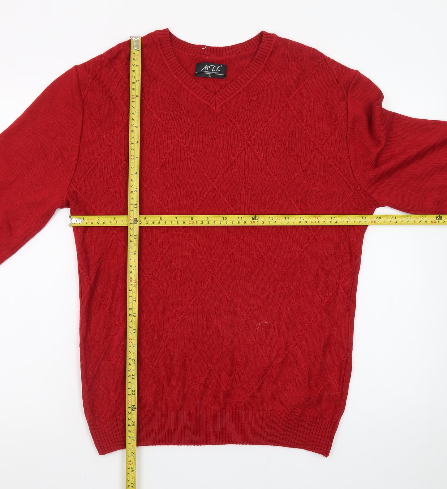 MTL Men's Red V-Neck Argyle Knit Pullover Jumper Size L