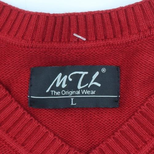 MTL Men's Red V-Neck Argyle Knit Pullover Jumper Size L