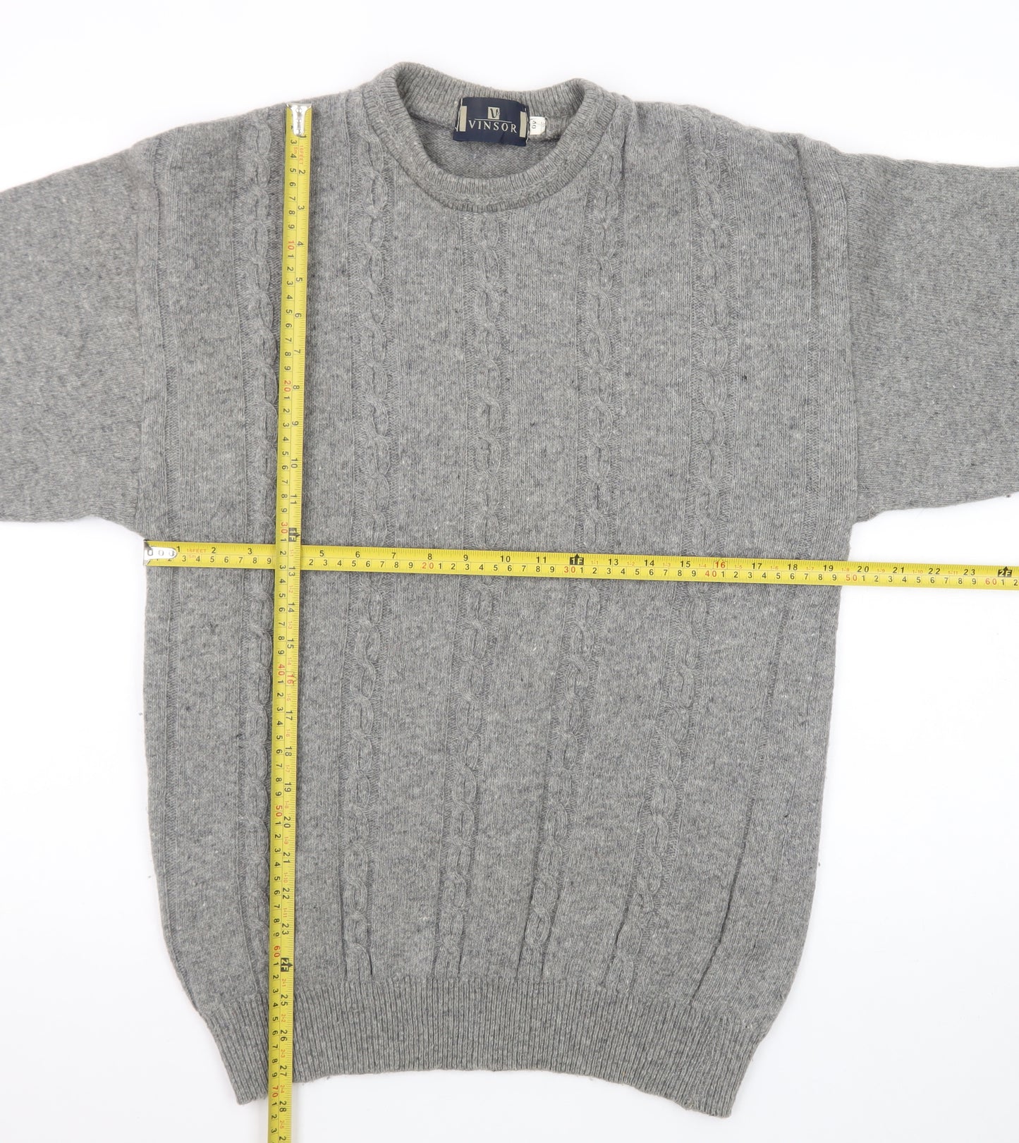 Vinsor Men's Grey Wool Cable Knit Crew Neck Jumper Size M