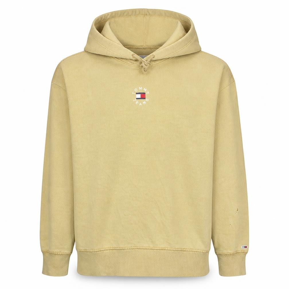 Front view of Tommy Jeans Men's Beige Pullover Hoodie, size M, Cotton Casual